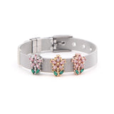 Flower Slide Charm Bracelet Stainless Steel Mesh Bangle