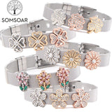 Flower Slide Charm Bracelet Stainless Steel Mesh Bangle