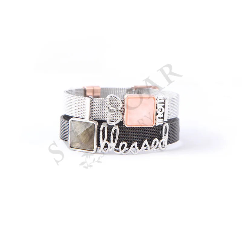 Blessed Mom Stainless Steel Mesh Charm Bracelet Set