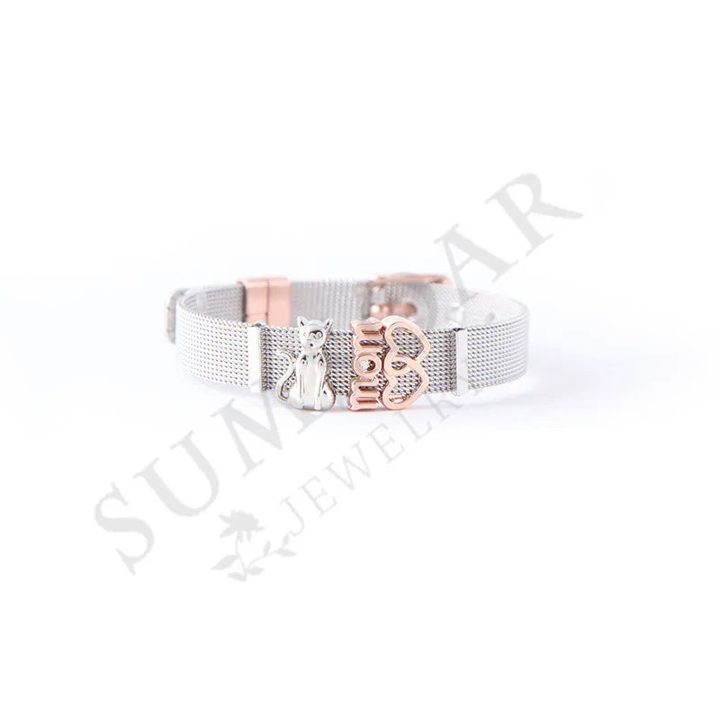 Mom Love Cat Mesh Bracelet Set Stainless Steel Band Bangles Mother's Gift