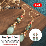Chinese Enamel Painted Magnolia Flower Earrings with Agate Butterfly Tassel