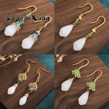 Chinese Enamel Painted Magnolia Flower Earrings with Agate Butterfly Tassel