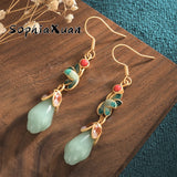 Chinese Enamel Painted Magnolia Flower Earrings with Agate Butterfly Tassel