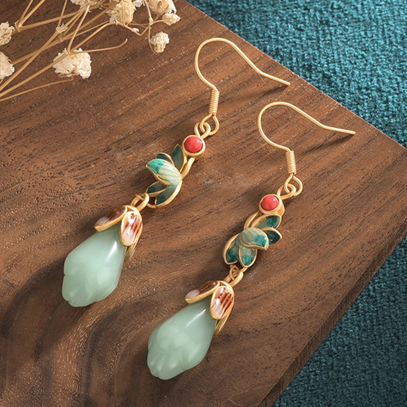 Chinese Enamel Painted Magnolia Flower Earrings with Agate Butterfly Tassel