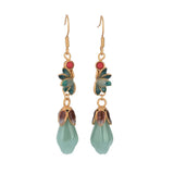 Chinese Enamel Painted Magnolia Flower Earrings with Agate Butterfly Tassel