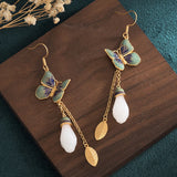 Chinese Enamel Painted Magnolia Flower Earrings with Agate Butterfly Tassel