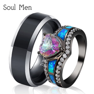 8mm Wedding Rings Set Heart CZ Opal Birthstone Ring