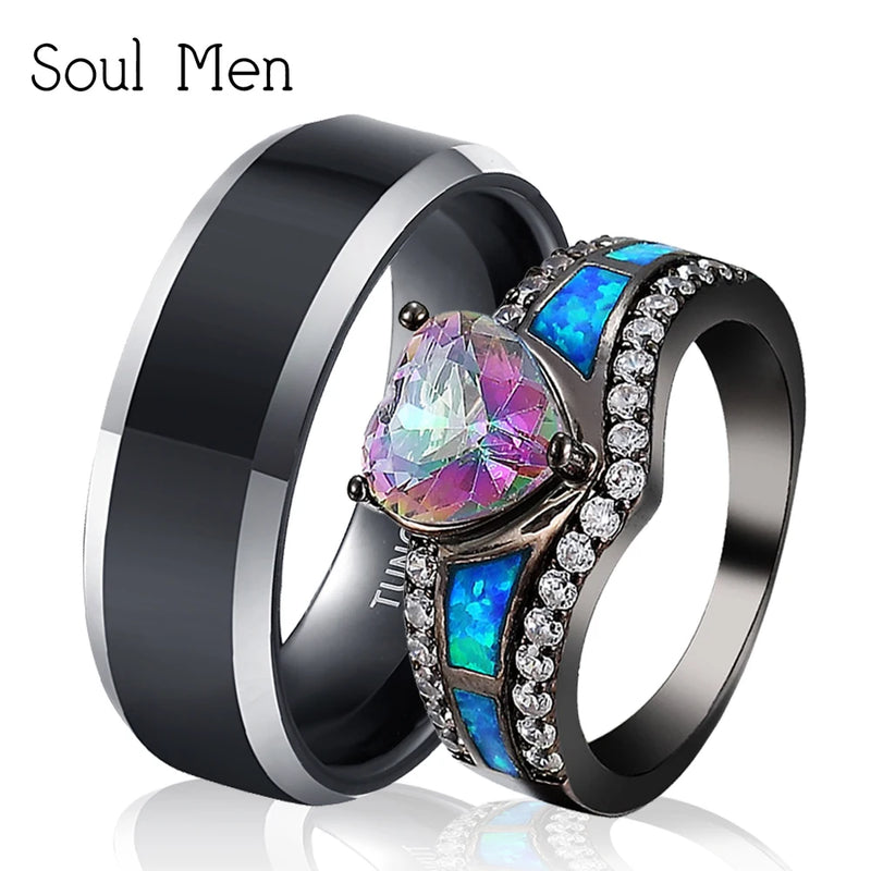 8mm Wedding Rings Set Heart CZ Opal Birthstone Ring