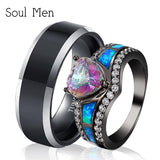 8mm Wedding Rings Set Heart CZ Opal Birthstone Ring