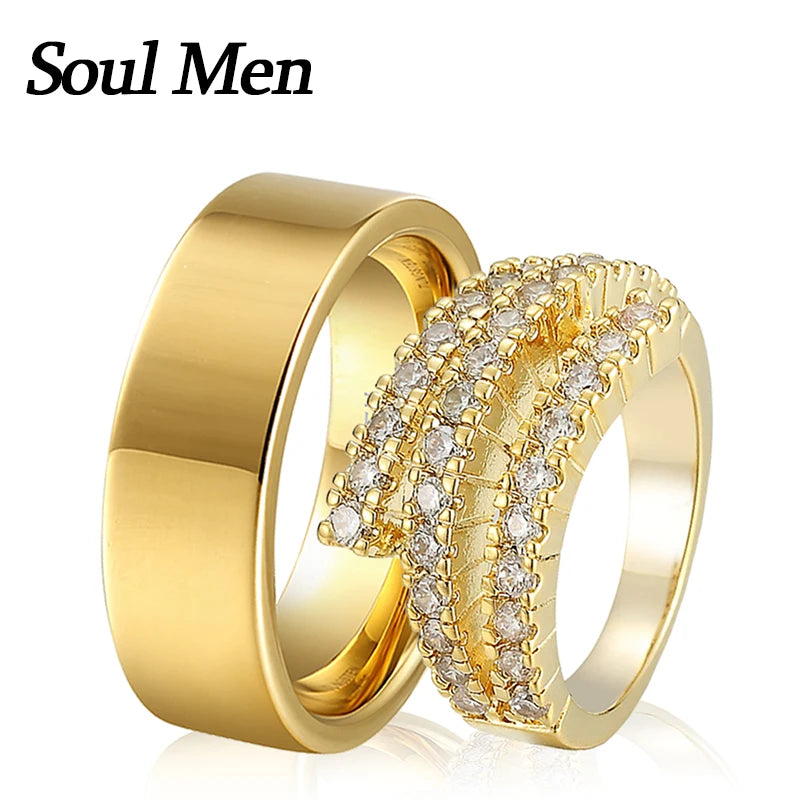 Wedding Rings Set 8mm Flat Men Bling Cubic Zirconia Band Women Couples Jewelry