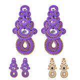 Soutache Beige Purple Earrings with Rhinestones