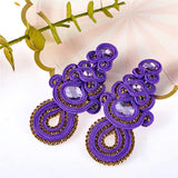 Soutache Beige Purple Earrings with Rhinestones