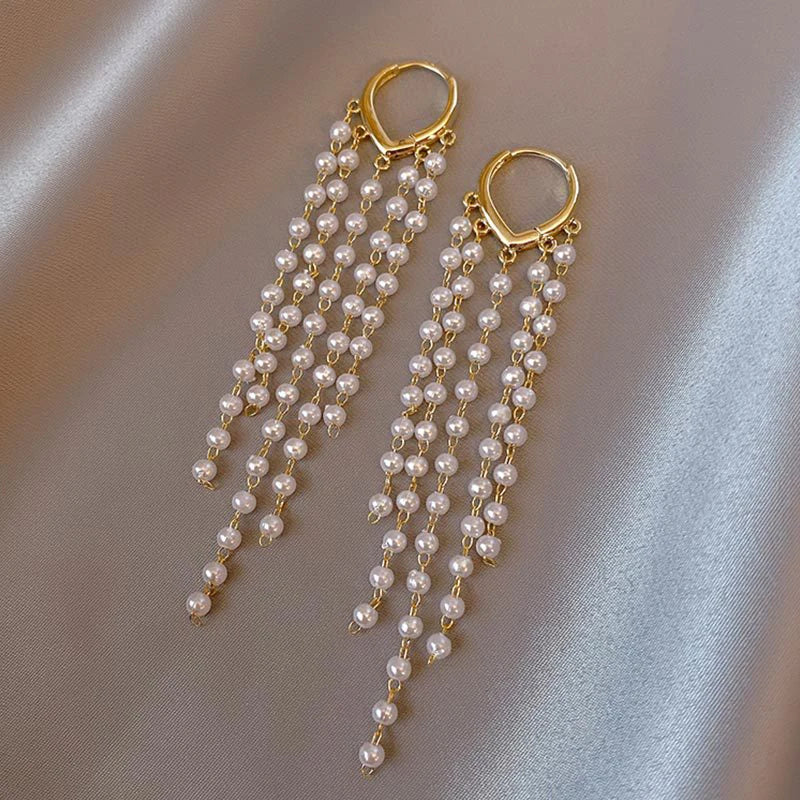 South Korea Long Tassels Pearl Earrings Lady Fan Love Ear Clip
