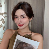 South Korea Long Tassels Pearl Earrings Lady Fan Love Ear Clip