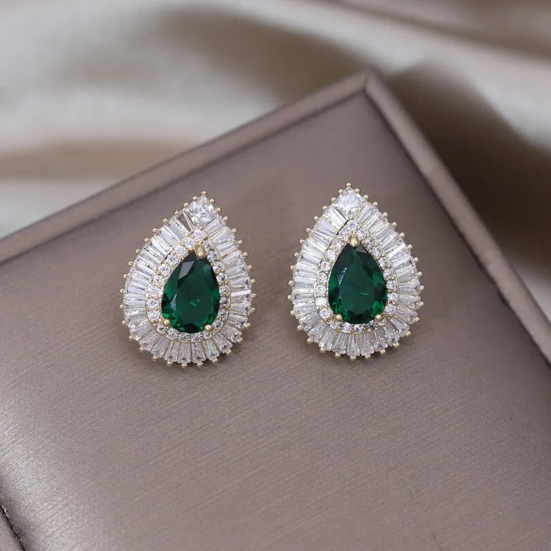 Korean Green Zircon Water Drop Stud Earrings for Women