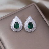 Korean Green Zircon Water Drop Stud Earrings for Women