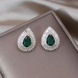 Korean Green Zircon Water Drop Stud Earrings for Women