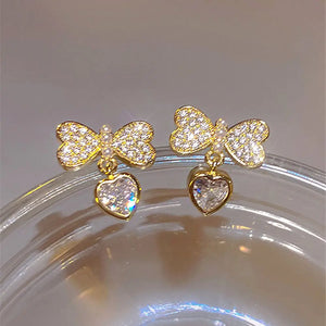 Korean Heart-Shaped Bow Pearl Earrings