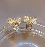 Korean Heart-Shaped Bow Pearl Earrings