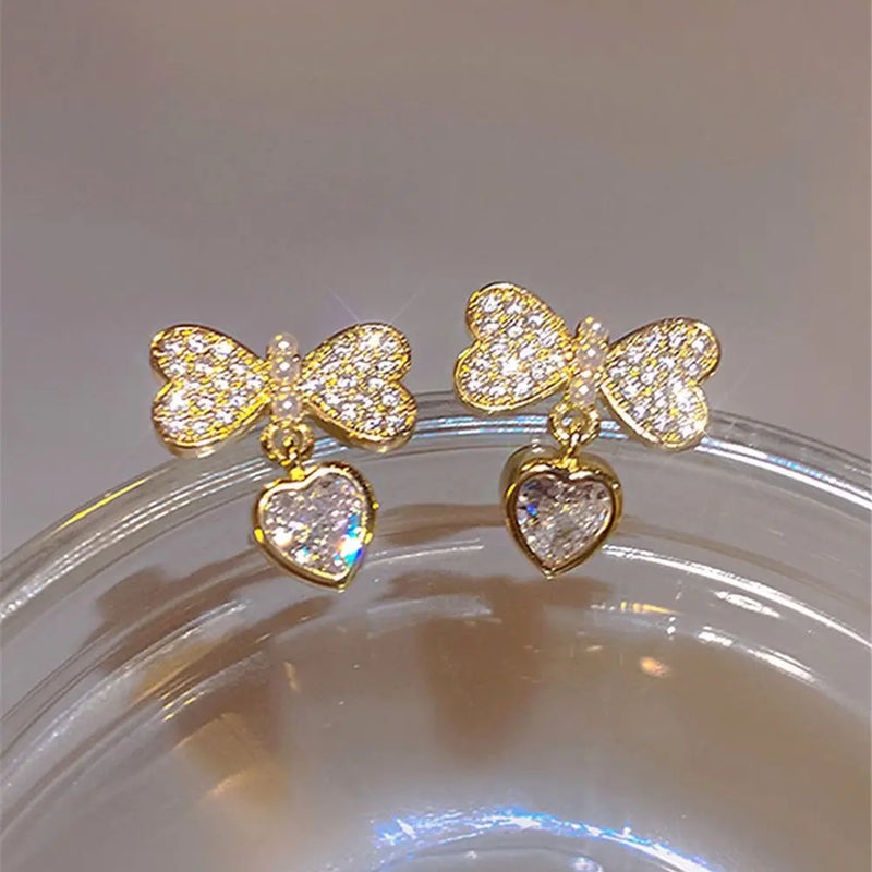 Korean Heart-Shaped Bow Pearl Earrings
