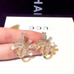 Korean Silver Needle Zircon Bowknot Earrings Set