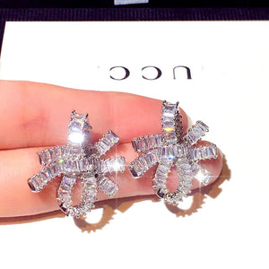 Korean Silver Needle Zircon Bowknot Earrings Set
