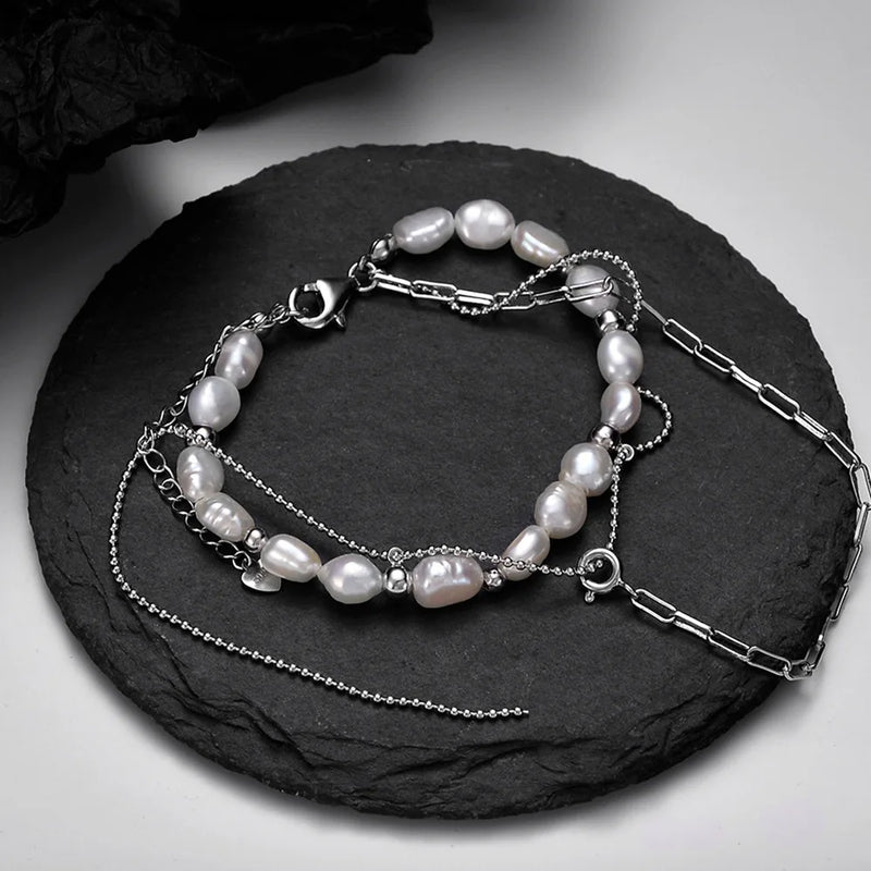 S925 Silver Baroque Pearl Bracelet Platinum Layered Hand Bracelet