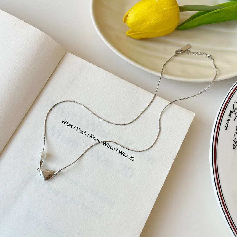 S925 Silver Love Pearl Asymmetrical Necklace