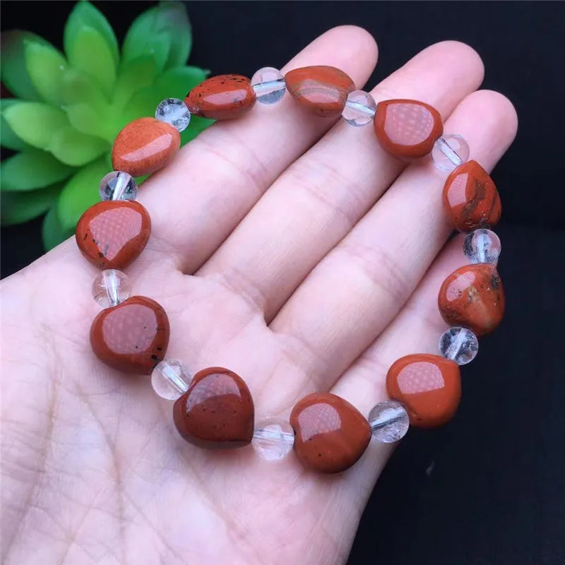 Red Agate Heart Bracelet Clear Crystal Elastic Jewellery
