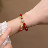 Red Tourmaline Beaded Bracelet with Hetian Jade Bangle Chain Jewelry