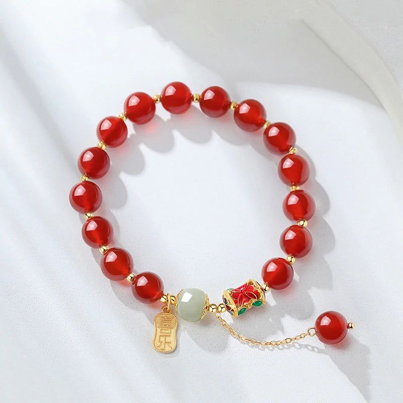 Southern Red Tourmaline Beaded Bracelet with Natural Hetian Jade Bangle Chain
