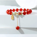 Red Tourmaline Beaded Bracelet with Hetian Jade Bangle Chain