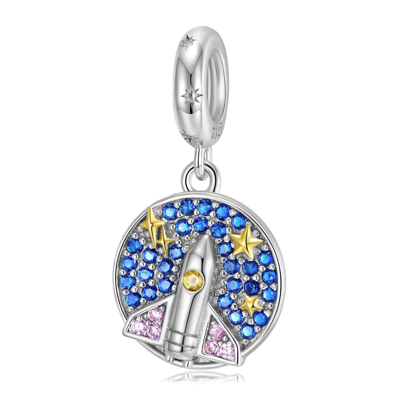 Space Airplane Stars Dangle Charm S925 Sterling Silver Bead
