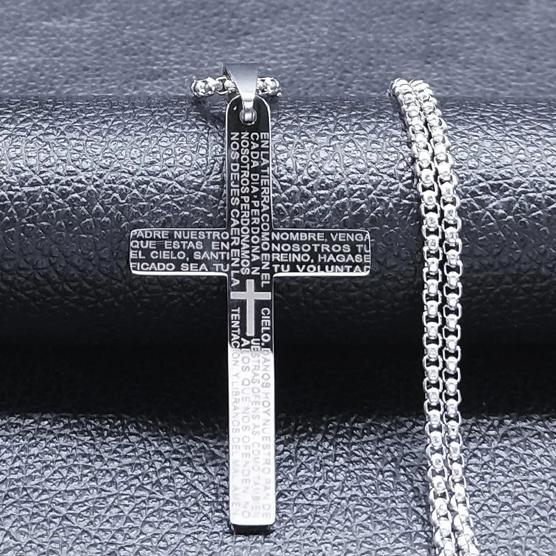 Spanish Lord's Prayer Cross Necklace Stainless Steel