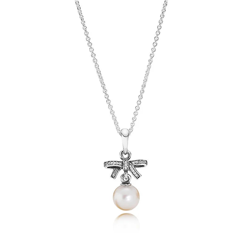 Sparking Bow Pearl Pendant Necklace Sterling Silver Chain Jewelry