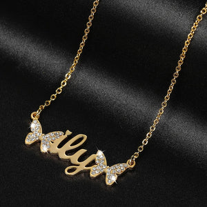 Sparkle Zircon Name Pendant Two Butterfly Letter Necklace for Daughter
