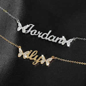 Sparkle Zircon Name Pendant Two Butterfly Letter Necklace for Daughter