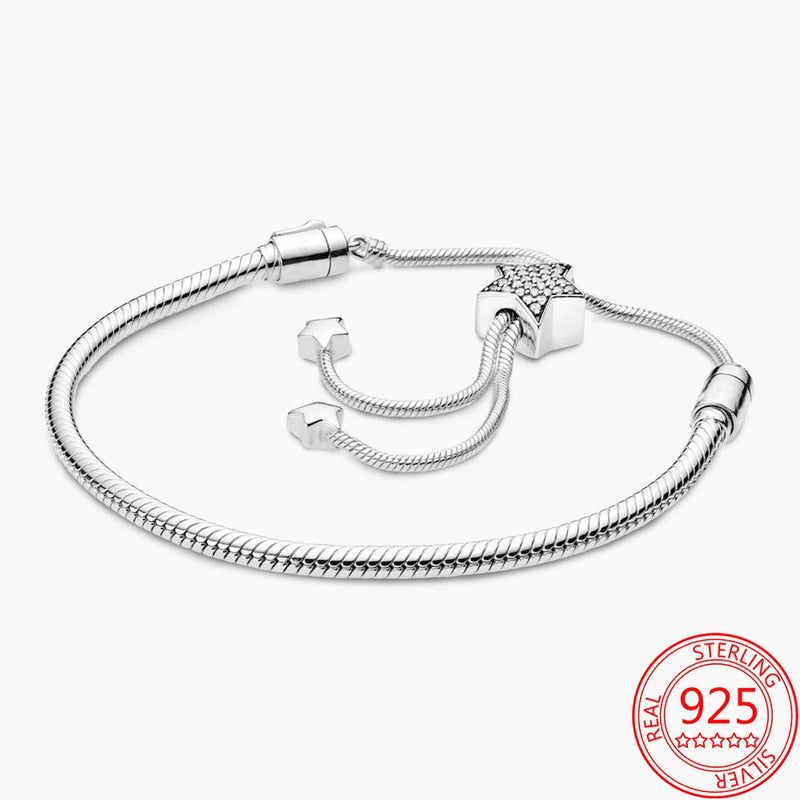 925 Silver Pav? Star & Heart Sliding Clasp Bracelet DIY Gift