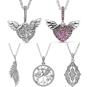 Sparkling Lace Heart & Angel Wings Feather Family Tree Necklace