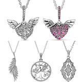 Sparkling Lace Heart & Angel Wings Feather Family Tree Necklace