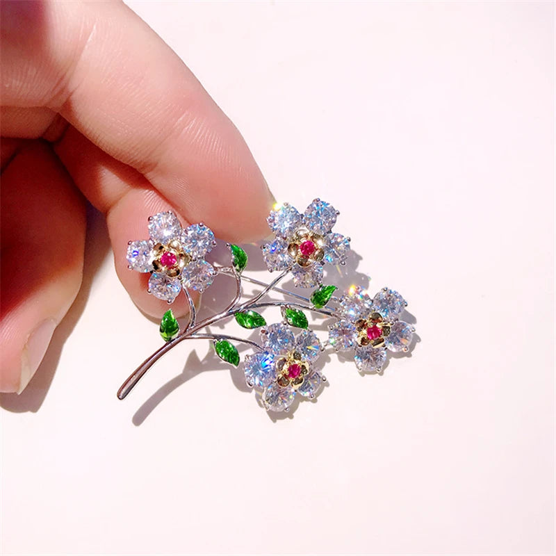 CZ Crystal Flower Brooch Pin High Enamel Jewelry Accessory