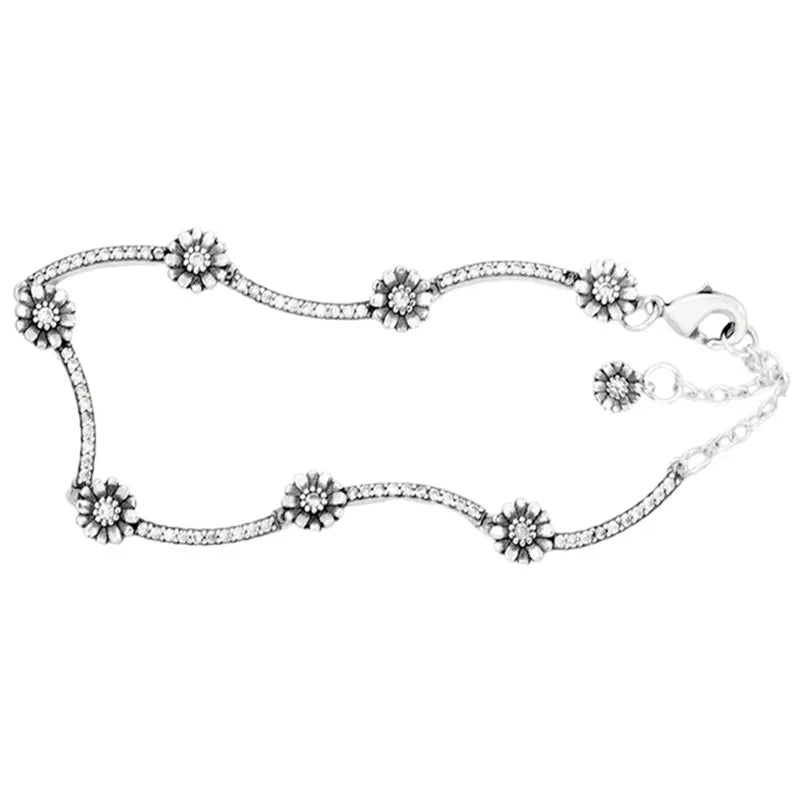 Sparkling Daisy Flower Pave Bar Link Chain Bracelet 925 Sterling Silver