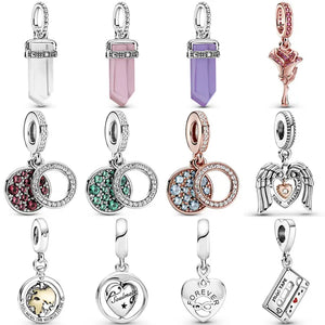 Pink Crystal Angel Wings Heart Pendant 925 Silver Charm for Bracelet