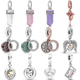 Pink Crystal Angel Wings Heart Pendant 925 Silver Charm for Bracelet