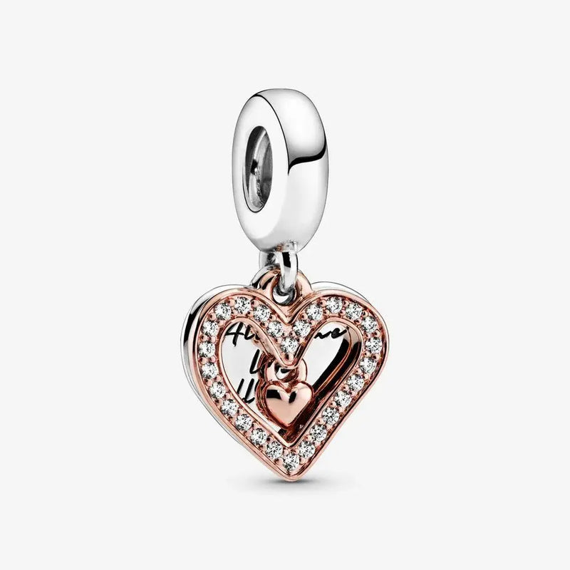 Heart Dangle Charm 925 Sterling Silver Rose Metal Beads Bracelet Women DIY