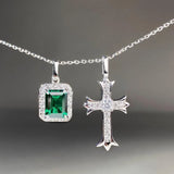 Green CZ Cross Pendant Necklace 925 Silver Chain Goth Jewelry