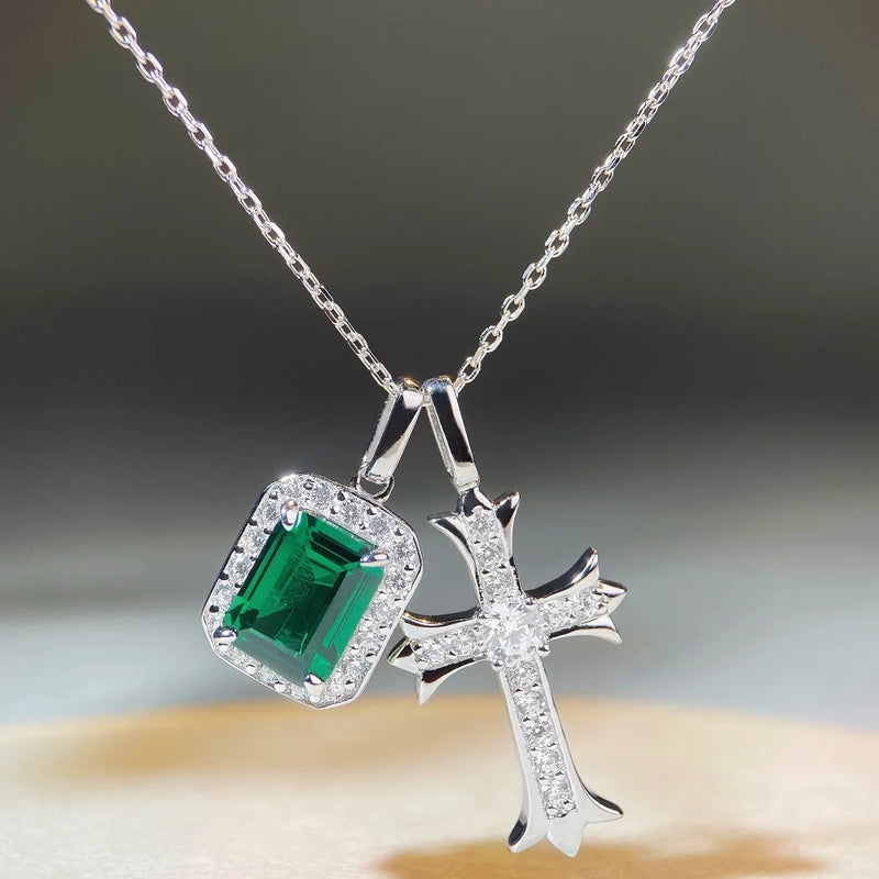 Green CZ Cross Pendant Necklace 925 Silver Chain Goth Jewelry