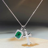 Green CZ Cross Pendant Necklace 925 Silver Chain Goth Jewelry