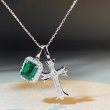 Green CZ Cross Pendant Necklace 925 Silver Chain Goth Jewelry