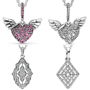 925 Silver Sparkling Heart & Angel Wings Necklace